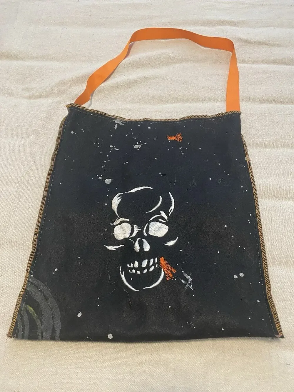 Handmade Halloween Skeleton Felt Toy / Trick-or-Treat Bag Machine Embroidery